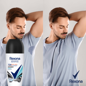 Reklama: mężczyzna przed (pot) i po (sucha pacha) użyciu antyperspirantu Rexona Advanced Protection 72h w kulce.