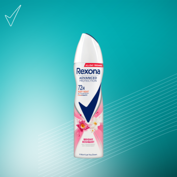 Rexona Advanced Protection Bright Bouquet 72h, damski antyperspirant w sprayu, biało-różowa butelka, widok z przodu.