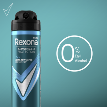 Niebiesko-czarny Rexona Men Advanced Protection 72h antyperspirant spray, 0% alkoholu, na turkusowym tle.