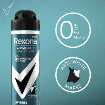 Antyperspirant Rexona Men Advanced Protection Invisible, srebrna puszka na turkusowym tle, grafiki 0% alkoholu.