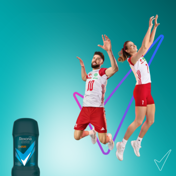 Antyperspirant Rexona Men Cobalt Dry 72h, ciemnoniebieski sztyft, na turkusowym tle z dwoma skaczącymi siatkarzami.