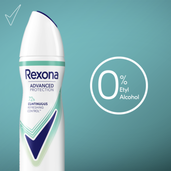 Biały antyperspirant Rexona Advanced Protection spray, widok z przodu, zielono-niebieskie akcenty, 0% Etyl Alcohol.