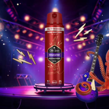 Old Spice Rockstar dezodorant w czerwonej puszce, widok z przodu na rockowej scenie. Bergamotka i nuty drzewne.