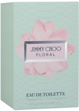Jimmy Choo Floral woda toaletowa 40ml. Miętowe pudełko z subtelnym wzorem, różowy kwiat, srebrna etykieta, widok z przodu pod kątem.