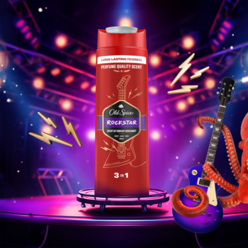 Czerwony żel Old Spice Rockstar 3-w-1, z grafiką gitary, na scenie z błyskawicami, gitarą i ośmiornicą.