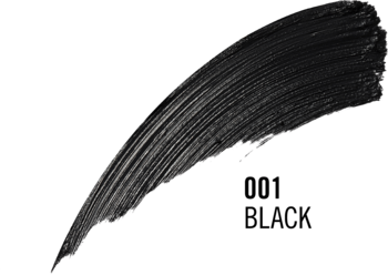 Rimmel Kind & Free, czarna maskara. Zbliżenie na pociągnięcie gęstego, czarnego tuszu.