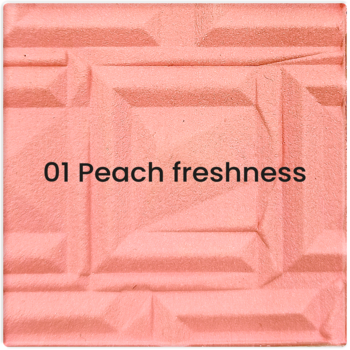 Kwadratowy róż Stars Moonkissed 01 Peach freshness, brzoskwiniowy, z wypiekaną teksturą i napisem.