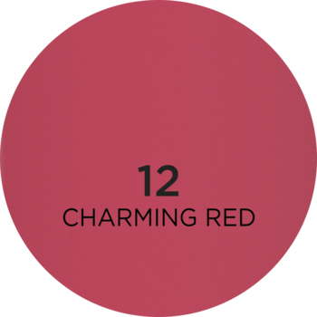 Czerwona próbka koloru matowej pomadki Eveline Wonder Match nr 12 Charming Red, okrągła.