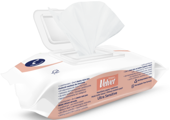 Białe, otwarte opakowanie chusteczek Velvet Ultra Sensitive dla niemowląt, z wystającą chusteczką, widok z góry.