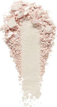 Rozświetlacz Peach Diamond: sypki puder w ciepłym, perłowym odcieniu, rozsypany smugą na czarnym tle.