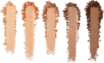 Paleta cieni Neutral Wanderlust: pięć pionowych swatchy beżowo-brązowych cieni, matowych i błyszczących, na czarnym tle.