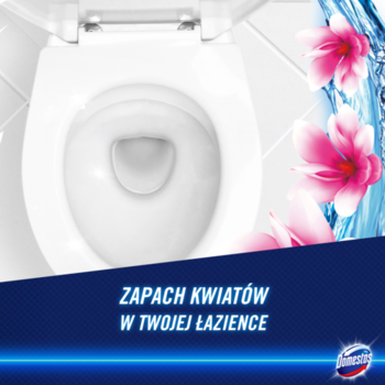 Domestos Power Foam Floral Fresh, płyn do WC. Biała toaleta, różowe kwiaty, napis o zapachu w łazience.