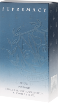 Niebieskie, tekturowe opakowanie perfum męskich Afnan Supremacy Incense 100ml, z wytłoczonym wzorem, widok pod kątem.