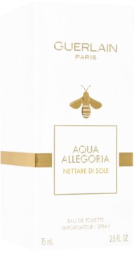 Białe pudełko Guerlain Aqua Allegoria Nettare di Sole 75 ml, ze złotym logo pszczoły i napisem, widok z przodu.