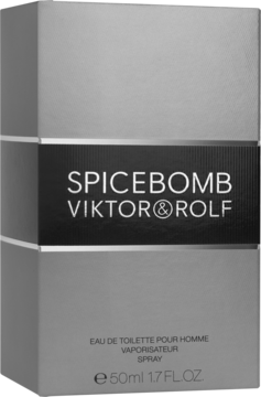 Srebrno-czarne opakowanie Viktor & Rolf Spicebomb EDT 50ml, widok z przodu pod lekkim kątem.