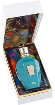 Xerjoff Erba Pura unisex, turkusowa butelka perfum z logo X, w otwartym białym pudełku z barwną apaszką.