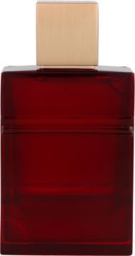 Al Haramain Amber Oud Ruby Edition EDP. Prostokątna butelka z rubinowego szkła, ze złotą, prostą nakrętką. Widok z przodu.