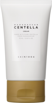 SKIN1004 Madagascar Centella Cream, biała tuba 75ml do cery suchej z złotą zakrętką, widok z przodu.