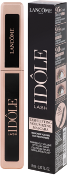 Lancôme Idôle Lash Lifting Volumizing Mascara w różowo-złotej tubce i czarnym pudełku, widok z przodu.