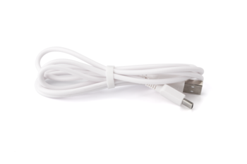 Biały zwinięty kabel USB-A do micro-USB, akcesorium do masażera EMS, widok z góry na białym tle.