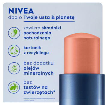 Pomadka NIVEA Caring Beauty 3w1 Nude i grafika o naturalnym składzie, recyklingu, bez testów na zwierzętach.