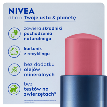 Różowa pomadka NIVEA Caring Beauty 3w1 Rose z widocznym panelem o naturalnym składzie i braku testów na zwierzętach.