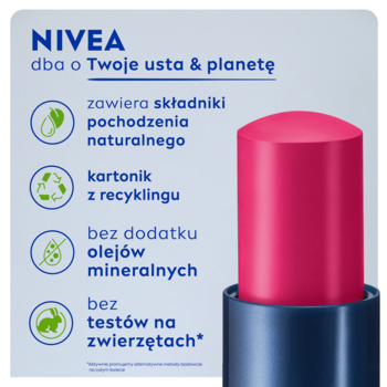 NIVEA Caring Beauty 3w1 Pink. Różowa pomadka z ikonami: naturalne składniki, recykling, brak testów na zwierzętach.