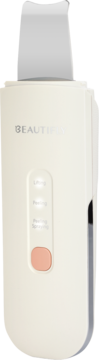 Beautifly Scrub Aqua Glow PRO, biały, ultradźwiękowy peeling kawitacyjny z metalową szpatułką, widok z przodu.