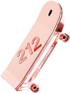 Perfumy Carolina Herrera 212 Heroes Forever Young, miedziany flakon w kształcie deskorolki, widok pod kątem.