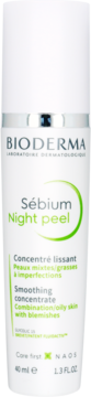 Biała butelka Bioderma Sébium Night Peel, wygładzający koncentrat-peeling na noc dla skóry tłustej z niedoskonałościami.