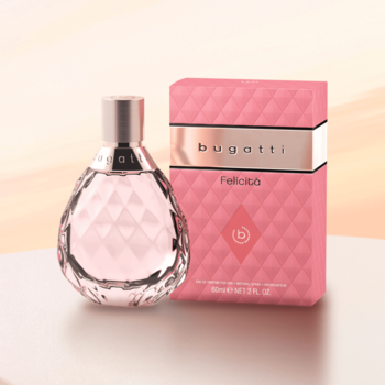 Bugatti Felicità woda perfumowana, różowa butelka o fasetowanym kształcie obok pasującego pudełka, na tle gradientu.