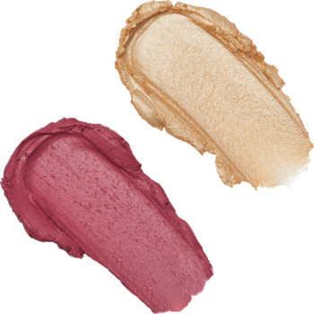 Kremowe smugi różu Mauve Glow i złotego rozświetlacza Revolution w sztyfcie, widok z bliska.