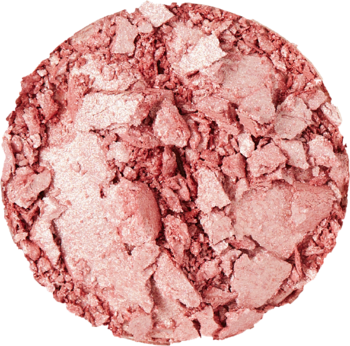 Zbliżenie na skruszony wypiekany rozświetlacz Revolution Beam Bright Pink Seduction o świetlistym, różowo-brzoskwiniowym odcieniu.