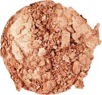 Zbliżenie na wypiekany rozświetlacz Revolution Beam Bright Bronze Baddie, kruszony, złoto-brązowy, na czarnym tle.