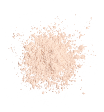 Puder do bakingu Revolution w odcieniu Lace, jasnobeżowy, rozsypana kupka sypkiego pudru na czarnym tle, matujący.