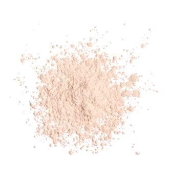 Puder do bakingu Revolution w odcieniu Lace, jasnobeżowy, rozsypana kupka sypkiego pudru na czarnym tle, matujący.