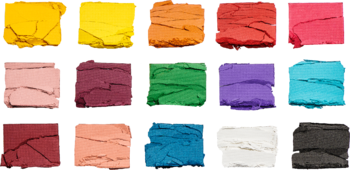 Paleta cieni Revolution Re-loaded Marvellous Mattes: 15 żywych matowych odcieni (żółty, czerwony, niebieski), widoczne tekstury.