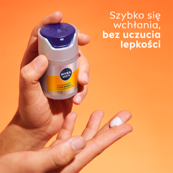 NIVEA MEN Active Energy krem w szarej butelce, dłoń z produktem, na palcu kropla kremu. Szybko się wchłania.