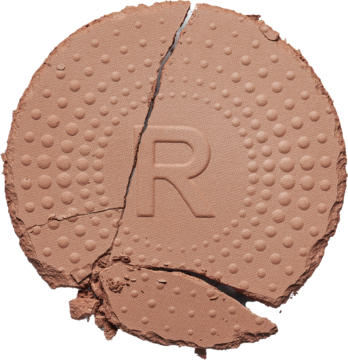 Matowy bronzer Revolution Mega Bronzer 02 Warm, okrągły, pęknięty, z logo R i teksturą kropek.