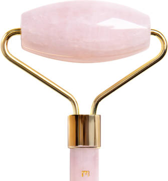 Roller do masażu i liftingu twarzy z różowego kwarcu Easy Livin', złoty uchwyt, widok z przodu.