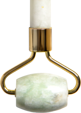 Jadeitowy roller Easy Livin' do masażu i liftingu twarzy, jasnozielone wałeczki, złoty uchwyt, widok z przodu.