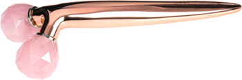 Roller do masażu twarzy 3D lift z różowego kwarcu, z dwoma fasetowanymi kulkami i miedzianym uchwytem.