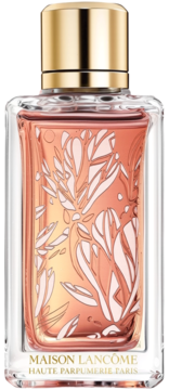 Perfumy Lancome o zapachu magnolii, w szklanej butelce z złotą nakrętką i białym kwiatowym wzorem, widok z przodu.