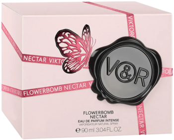 Różowe pudełko perfum Viktor & Rolf Flowerbomb Nectar 90ml, z czarną pieczęcią V&R i różowym motylem.