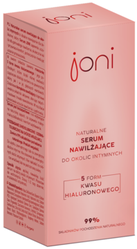 Joni Serum Nawilżające do okolic intymnych z 5 formami kwasu hialuronowego, różowe pudełko pod kątem.