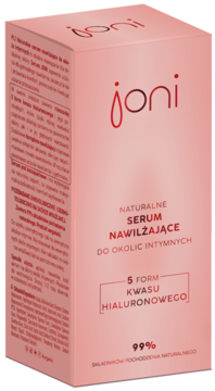 Joni Serum Nawilżające do okolic intymnych z 5 formami kwasu hialuronowego, różowe pudełko pod kątem.