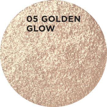 Okrągły swatch mocno błyszczącego cienia do powiek Wonder Match 05 Golden Glow w złocistym kolorze.