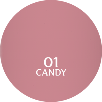 Okrągła, jasno różowa próbka błyszczyka Wonder Show Candy 01, z lśniącym wykończeniem i nazwą koloru.