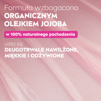 Różowa grafika olejku NIVEA z tekstem o organicznym olejku jojoba i długotrwałym nawilżeniu ust.