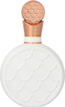 Lattafa Fakhar kwiatowo-owocowe perfumy damskie, biała butelka z fakturą łuski, miedziana nakrętka, widok z przodu.